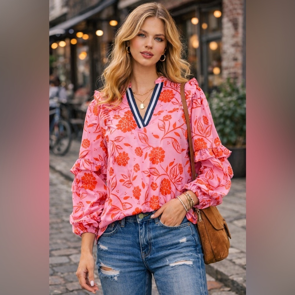 THML Pink Floral Boho Blouse Ruffle Sleeve Boutique Top NWOT xs